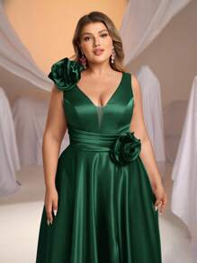 Glamrae 加大码优雅奢华缎面褶皱 V 领 3D 花卉装饰高开衩超大 A 字裙，适合婚礼、派对、毕业典礼、节日、正式场合（重度装饰） - 墨綠色 - 查看 4