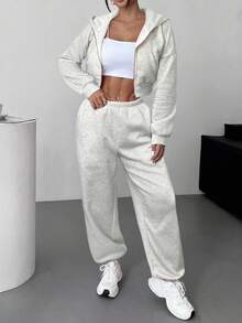 SHEIN EZwear 浅灰色针织短款连帽衫和运动裤套装，秋季两件套家居服套装，女士运动套装，舒适家居服套装，秋冬季女士保暖服装 - 淺灰色 - 查看 6