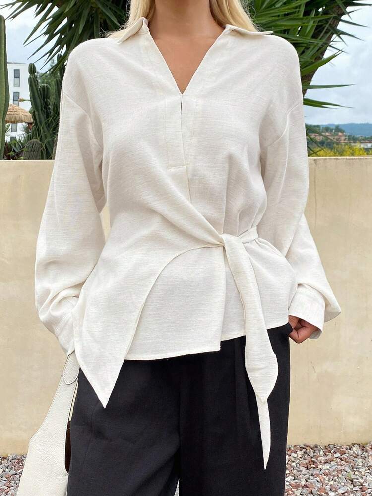 Women's Solid Color Fitted Oblique Lapel Tie Long Sleeve Casual Vintage Blouse Shirt, Autumn