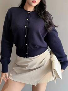 Dazy Plus Plus Size Women's Loose Fit Crew Neck Long Sleeve Cardigan Sweater, Dark Color Fall,Winter