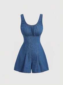 SHEIN MOD 女式圆领褶腰休闲无袖牛仔连体衣 - 藍色 - 查看 1