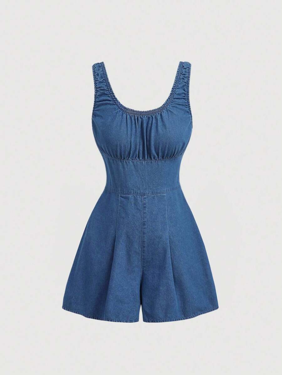 SHEIN MOD 女式圆领褶腰休闲无袖牛仔连体衣 - 藍色 - 查看 1