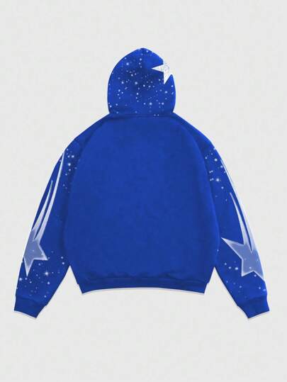 Street Life Sudadera con capucha de felpa con cordón, estampado de llamas y estrellas, estilo casual urbano para hombre, otoño/invierno