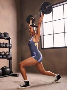 Powerista Bộ đồ liền thân không tay màu tương phản thiết kế khoét lỗ cho nữ - Màu tím - Xem 7