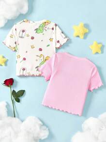 LE PETIT PRINCE X SHEIN 2pcs/Set Young Girl Cartoon Fox & Rose Print Cute Sweet Pink & White Casual Versatile Short Sleeve T-Shirt - Pink - View 2