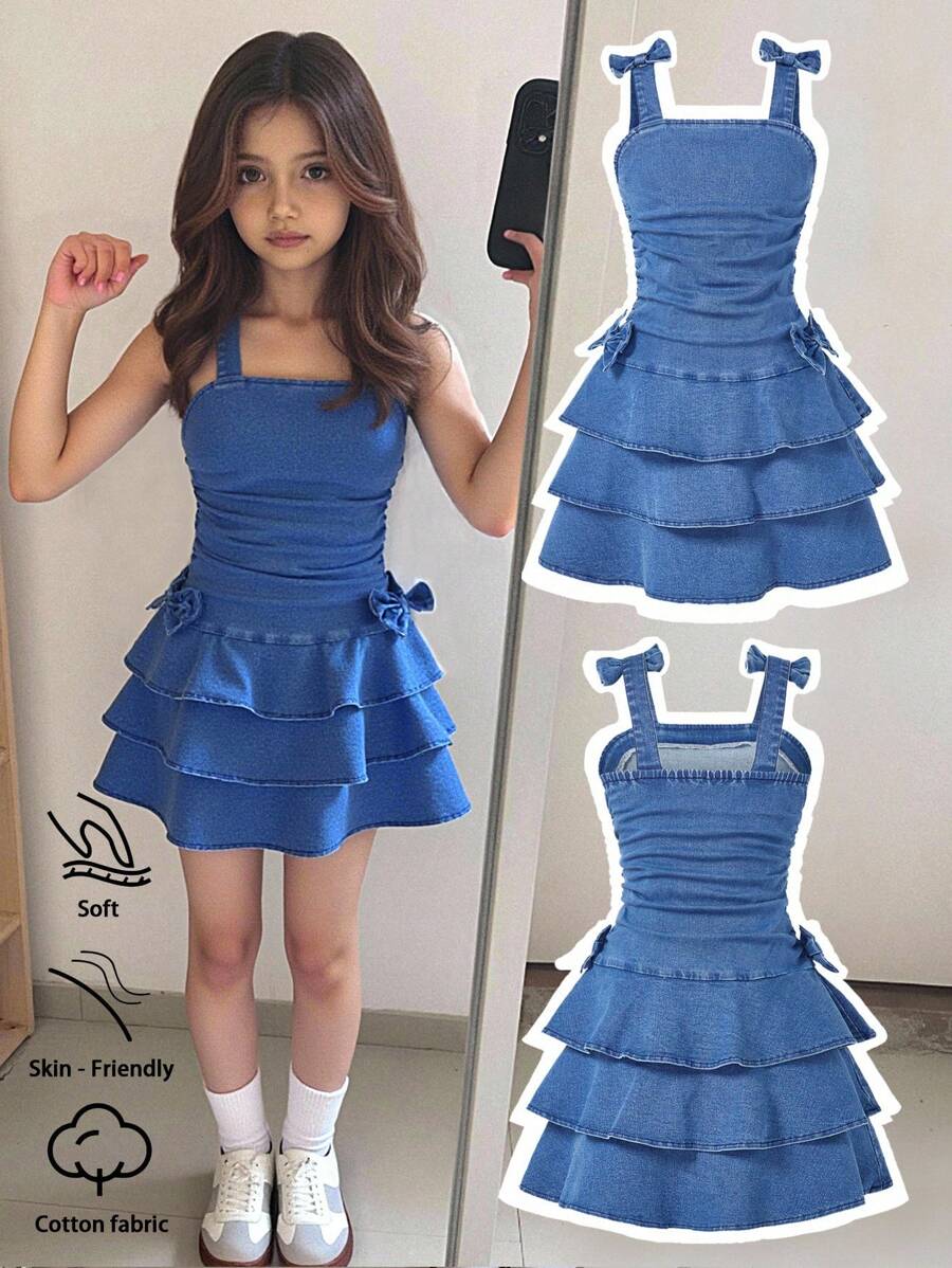 Girls' Casual Soft Washed Denim Dress With Bowknot Decor, Elastic Waist Patchwork Dress, Lightweight Summer Teen Girls Blue Denim Dress Girls Ruffle Dress Girls Tiered Denim Dress Fall Winter