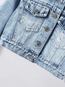 SHEIN 1 Set Girls Casual Vintage Distressed Light Wash Denim Jacket & Skirt Outfit, Comfortable Street Style Suit For Daily Wear 2 Piece Denim Set Denim Sets For Girls - Light Wash - View 6