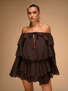 SHEIN BAE Women's Chocolate Solid Color Off-The-Shoulder Ruffle Hem Twist Long-Sleeved Dress Brown Boho Flowing Western Cowboy Girl, - Brown - View 4