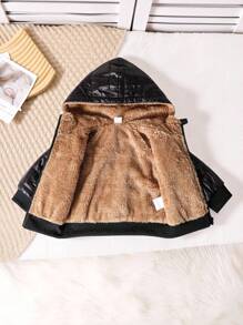 SHEIN Playful Pals 1件婴儿男童字母拼接细节泰迪绒内衬毛绒全拉链外套，冬季保暖外套，带口袋和帽子（6个月-3岁），适合户外、日常穿着、旅行，可爱男童秋冬服装，男童街头风冬季外套，男童冬季服装，男童套装，男童绗缝外套，男童冬季外套，男童外套，男童冬季大衣，男童冬季外套，男童黑色外套