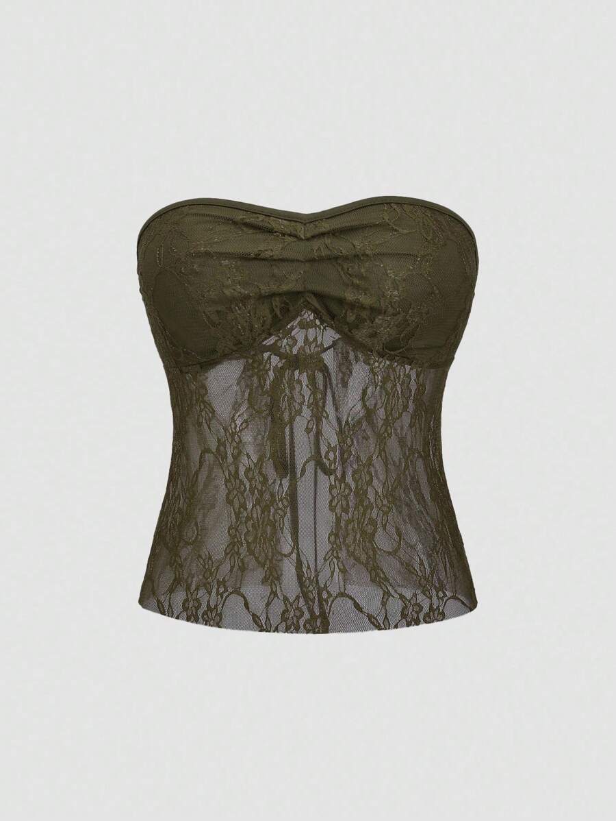 EgrlEra Women's Strapless Lace Top Y2K - Army Green - View 1