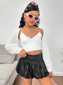 Tween Girl White Cropped Cardigan, Stylish & Fashionable, Suitable For Home, Street, Back To School And Other Occasions,In Fall/Winter - White - View 5