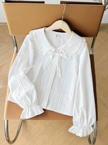 少女休闲校服白色长袖衬衫，翻领荷叶边装饰，纽扣前襟，纹理编织面料，纯白色，适合返校季和秋冬季穿着。 - 白色 - 查看 6