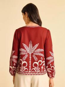 CAJUNI Women's Tropical Print V-Neck Casual Long Sleeve Shirt - Red - View 2