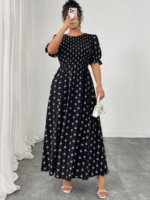 Modelyn Vestido de manga corta con cuello redondo y estampado de mariposa para tallas grandes - Negro - Ver 6