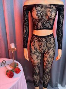 2 st/set kvinnor sexiga underkläder mesh transparent topp och smala byxor för att gå ut - Svart - Visa 5