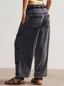 Bohemela Women's Casual Solid Color Knit Loose Drawstring Sweatpants - Black - View 6