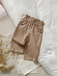 Vintaside Kids 女宝宝休闲时尚直筒裤，荷叶边装饰，田园可爱风格，适合日常穿着、校园、郊游、居家、度假、旅行 - 卡其色 - 查看 7
