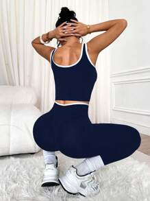 Slayform Women's Yoga Contrast Trim Crew Neck Tank Top And Criss-Cross Waist Ankle Length Pants Sports Set Navy Workout Set Two Piece Workout Set Two Piece Active Set Gym Set Workout Leggings And Top Set Workout Leggings Two Piece Set Gym Two Piece Set Gym Set Two Piece Activewear Set