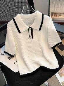 Franclia Damen klassischer französischer minimalistischer Strick-Oberteil, Schwarz-Weiß-Kontrast-Pullover, Strick-Pullover für Herbst/Winter, Arbeitsbluse für Damen - Weiss - Übersicht 1