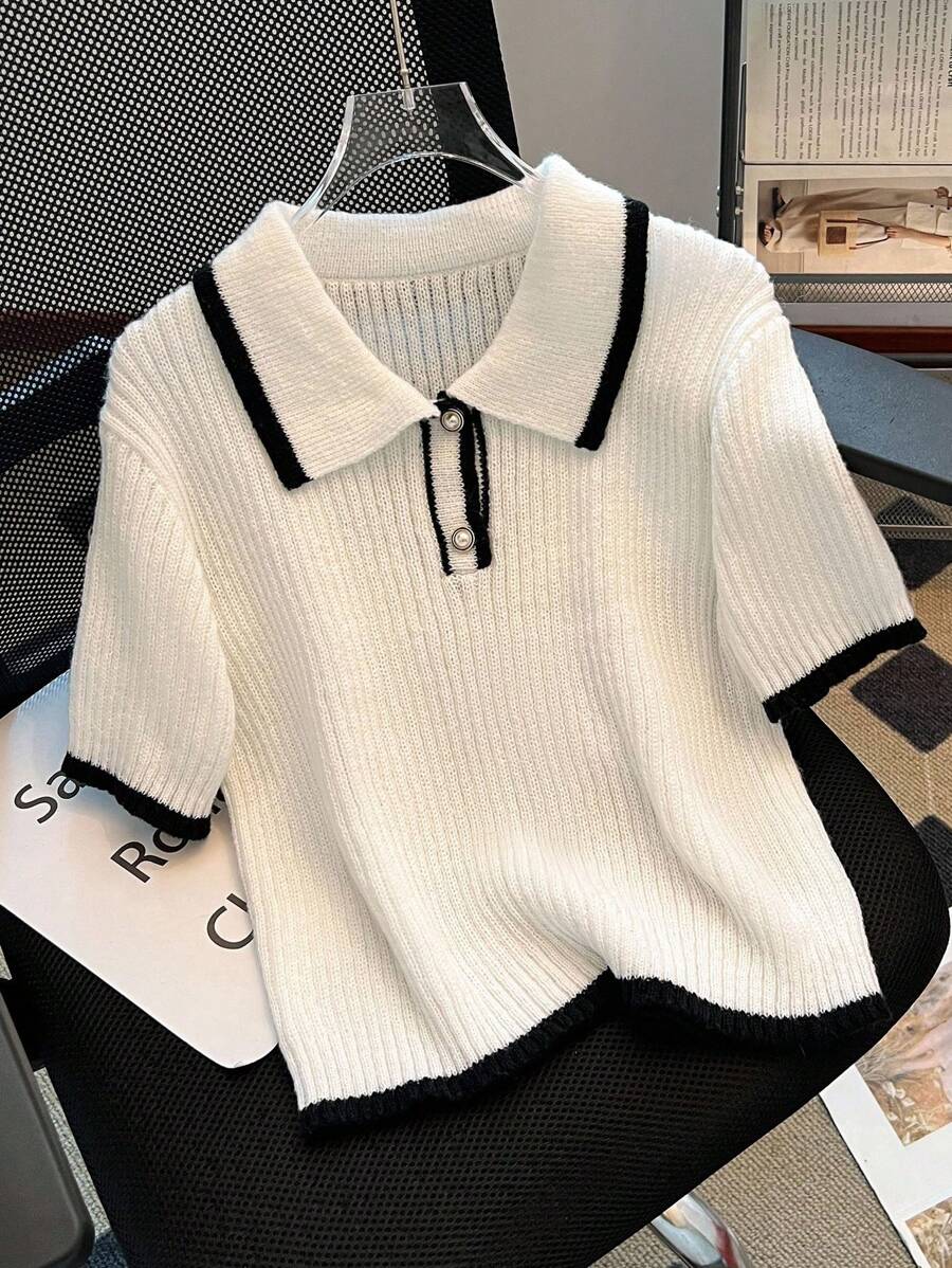 Franclia Damen klassischer französischer minimalistischer Strick-Oberteil, Schwarz-Weiß-Kontrast-Pullover, Strick-Pullover für Herbst/Winter, Arbeitsbluse für Damen - Weiss - Übersicht 1