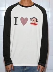 ROMWE MEN Paul Frank X ROMWE Men Rhinestone Detail Letter Cartoon Pattern Contrast Raglan Long Sleeve T-Shirt, Fall, 2000s Style