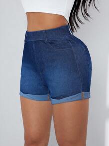 Flexra Elastic Washed Denim Cuffed Shorts - Dark Wash - View 2