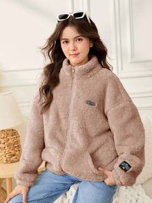 SHEIN Teen Girl Solid Color Double-Sided Fleece Patchwork Collar Casual Jacket In Fall/Winter