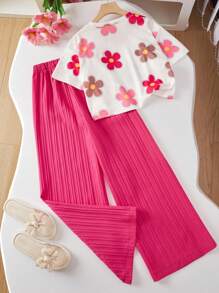 SHEIN 2pcs/Set Girls' Floral All-Over Print T-Shirt And High Waist Textured Wide Leg Pants Set - Hot Pink - View 2