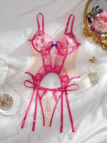 SHEIN Bộ 2 áo ngực nâng ngực và quần lót lọt khe gợi cảm dành cho nữ Bộ đồ lót sinh nhật Bộ đồ lót dây nịt Đồ lót Kawaii, Đi chơi - Màu Hồng Tươi - Xem 1