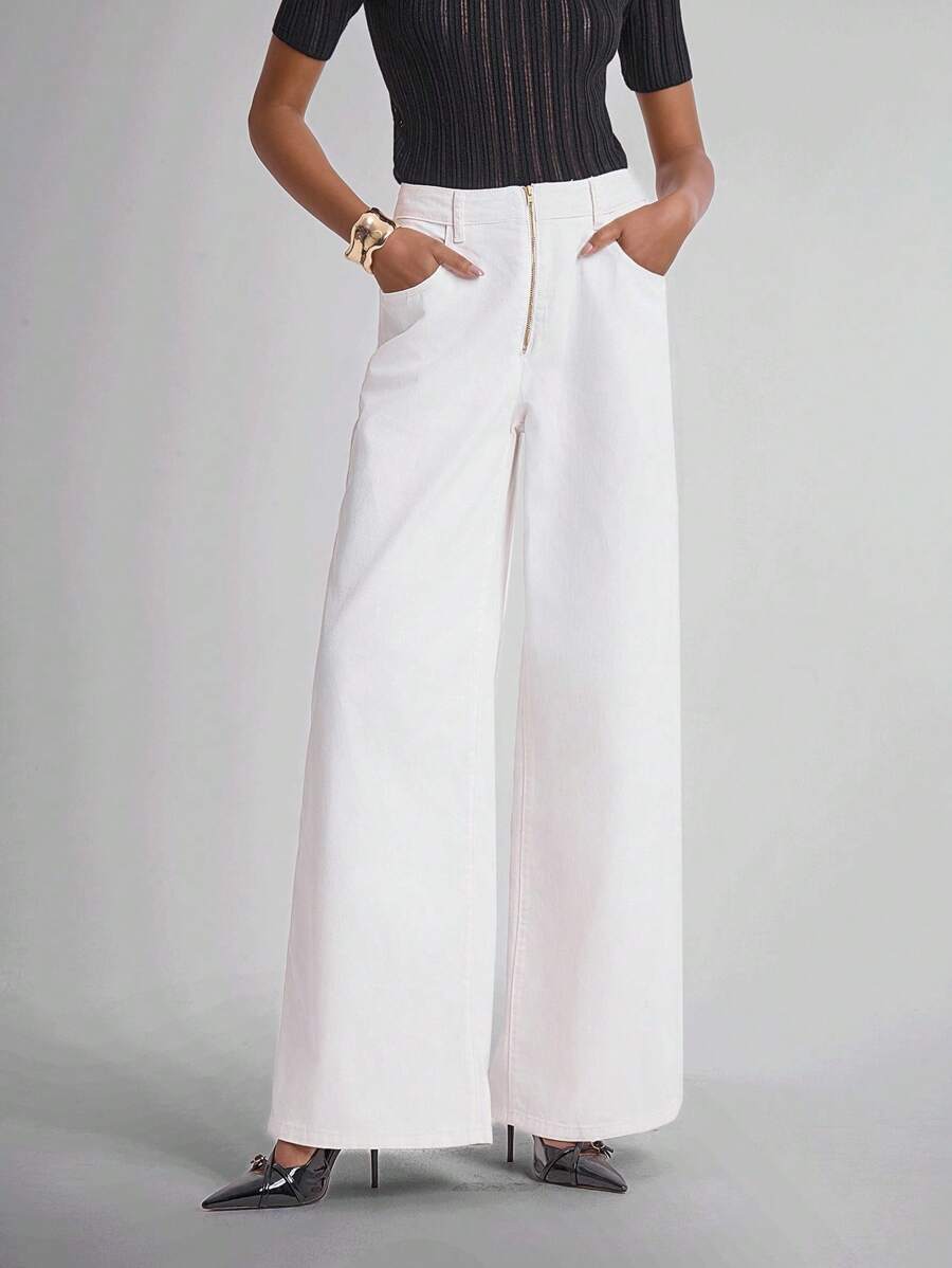 Daynim 女式休闲白色牛仔直筒裤 - 白色 - 查看 1