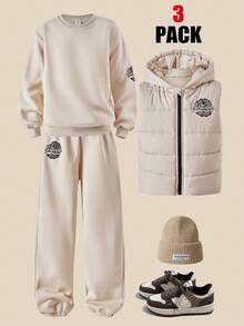 SHEIN Explorewe 男童休闲连帽衫、背心和运动裤三件套，连帽棉质背心、图案印花圆领运动衫和慢跑裤，适合运动、徒步旅行和户外穿着 - 卡其色 - 查看 3