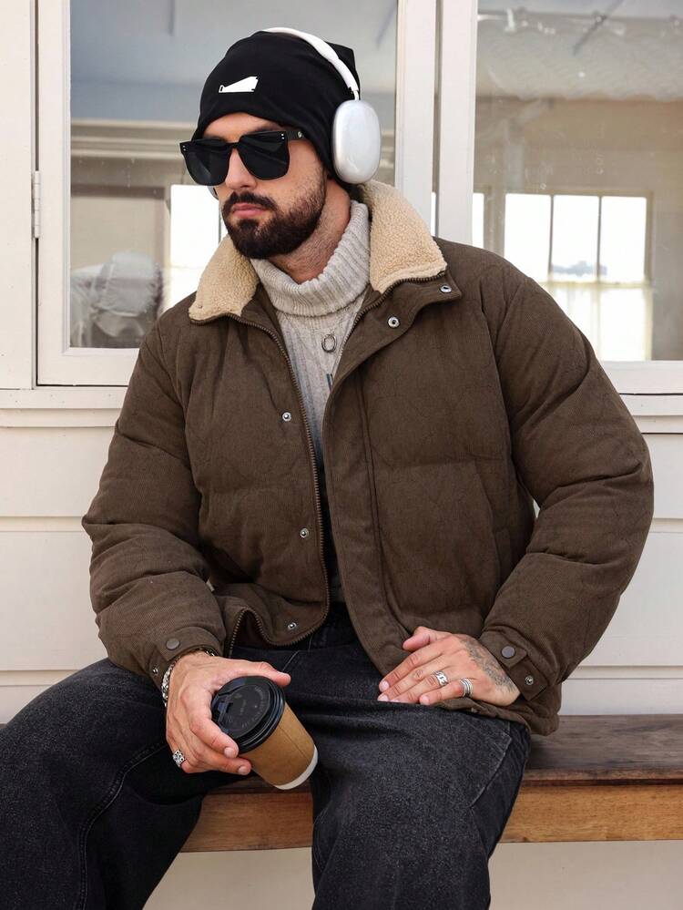 Men's Corduroy Padded Coat With Faux Fur Collar, Warm Winter Coat In Brown Jacket