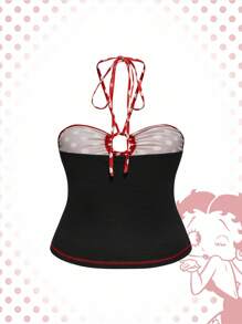 Betty Boop | ROMWE 夏季加大码性感可爱卡通图案撞色波尔卡圆点吊带上衣 - 黑色 - 查看 2