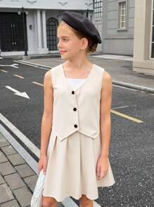 SHEIN Conjunto de 3 piezas para niñas preadolescentes: Top de camisola blanco, chaleco de escote en V y falda plisada, ropa de oficina elegante