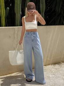 DAZY Jeans amples à jambes larges pour femmes, taille à cordon de serrage, style western décontracté, été - Bleu azur - Voir 4