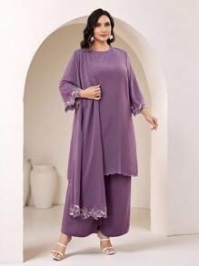 Modelyn Plus Size Women Solid Color Asymmetric Hem Long Sleeve Top And Pants Arabic Style 2 Pieces Set