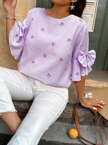 Weeklong 大码休闲日常条纹蝴蝶结印花纹理圆领衬衫