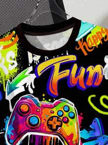SHEIN Tween Boy Casual Cartoon Graphic Short Sleeve Round Neck T-Shirt, Suitable For Summer Cartoon Graphic Tee Boys Cartoon Shirt Tween Boy Y2k Clothes Streetwear Teen Shirts Gamer Graphic Tee - Multicolor - View 3