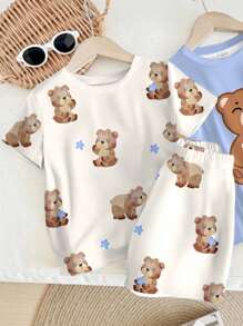 SHEIN 2 件套男婴宽松休闲泰迪熊印花睡衣套装，夏季舒适居家穿着 - 彩色 - 查看 4