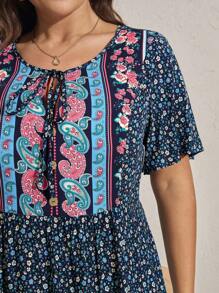 Comfylo Đầm dự tiệc tay ngắn họa tiết hoa hạt điều cỡ lớn cho nữ phong cách Bohemian - Nhiều màu - Xem 7