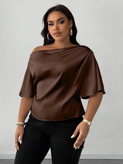 Maweii Plus Size Women's Sexy Asymmetrical Shoulder Ruffle Trim Short Sleeve Elegant Casual Spring/Summer Commuting Satin Comfortable Brown Ladies Blouse
