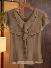 GlowEve 女式优雅纯色荷叶边下摆衬衫，夏季 - 卡其色 - 查看 3