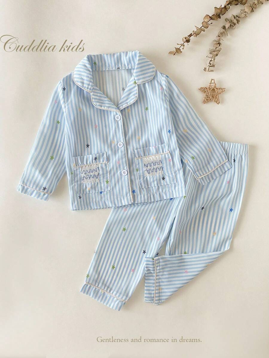 两件套男婴休闲格子条纹长袖上衣和裤子舒适家居服 - 藍白色 - 查看 1