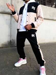 Vacaura 2pcs Teen Boys Printed Jacket & Black Sweatpants Set, Casual Sporty Outfit Suitable For School, Outdoor Activities, Photography, Various Occasions, Soft & Comfortable Fabric, Must-Have Teen Boy Fashion Set Fall Winter