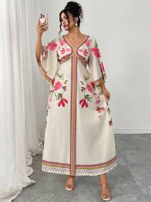 Modelyn 大码女式梭织度假花卉印花 V 领修身 A 字连衣裙，适合居家、外出、约会 - 彩色 - 查看 6