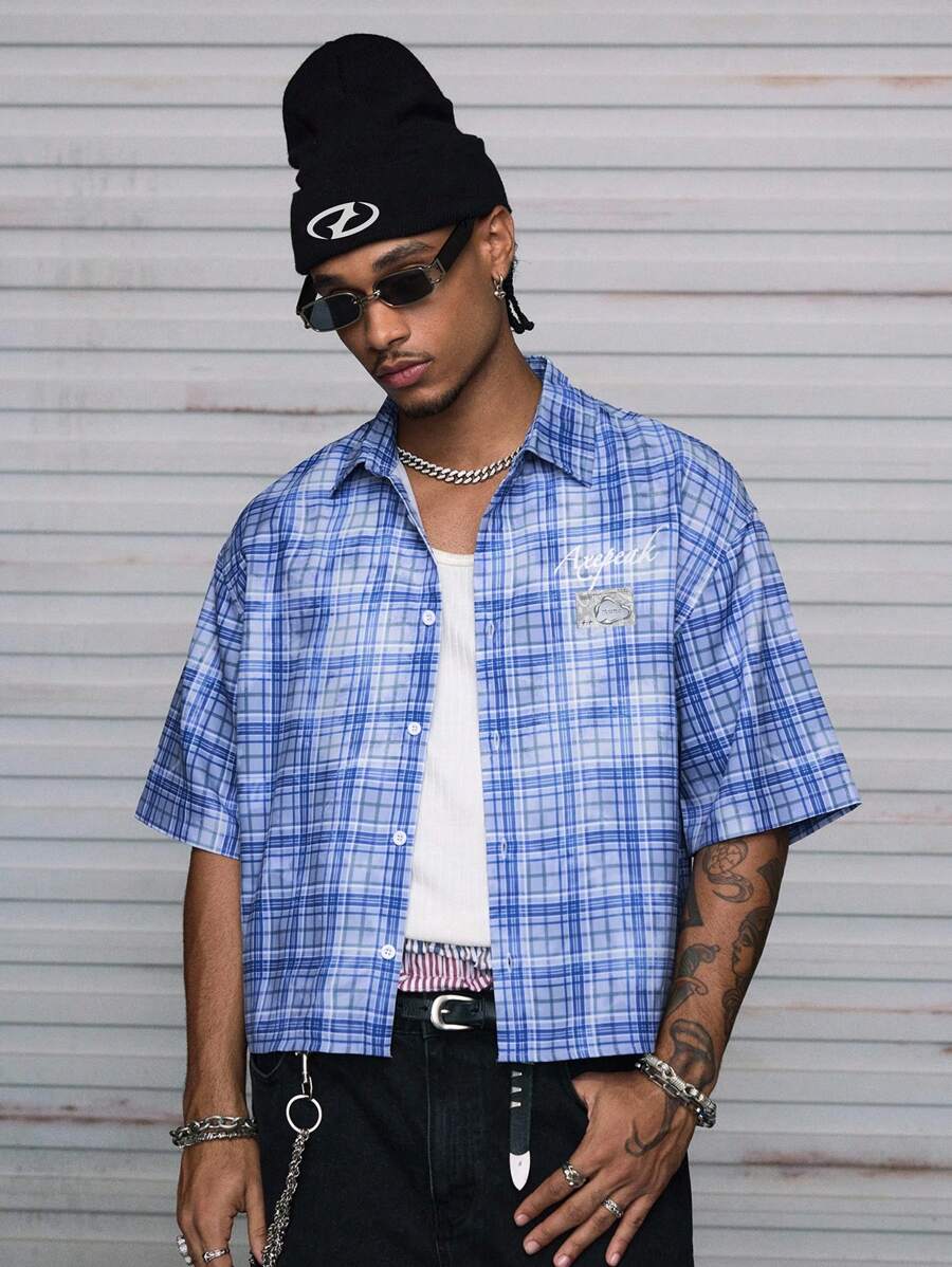 AXEPEAK Áo sơ mi nam cổ bẻ tay ngắn dáng rộng in kỹ thuật số nhiều kích cỡ phong cách đường phố - Màu xanh nhạt - Xem 1