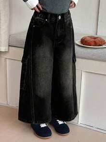DAZY Young Girl Casual Washed Wide Leg Cargo Jeans - Black - View 4