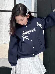 DAZY Young Girl Letter Print Bow Decor Jacket Fall,Winter - Navy Blue - View 6