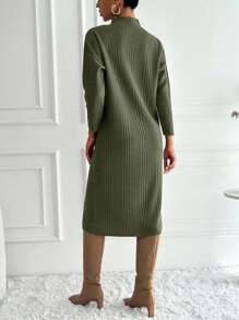 EURMUSE Women's Casual Commuter Solid Color Stand Collar Knit Dress - Army Green - View 2