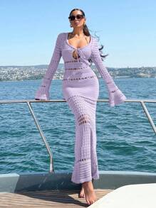 EURMUSE 女士镂空细节 V 领钩针长裙 - 紫丁香色 - 查看 4